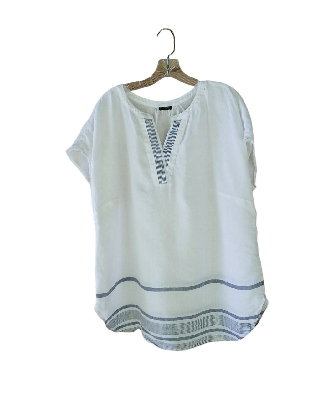 Talbots White & Blue Striped Split Neck Short Sleeved Linen Tunic 1X